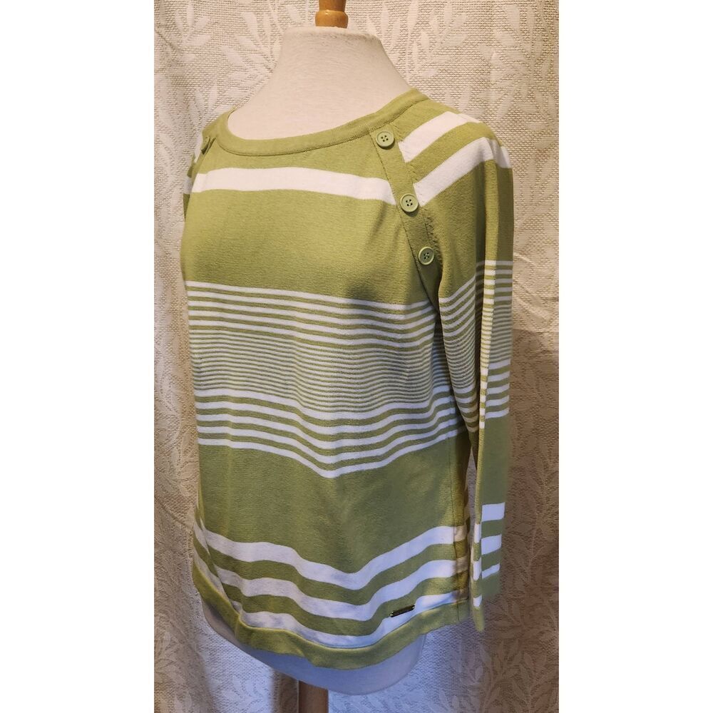 F07 Collection L green & white striped sweater with button accents long sleeves